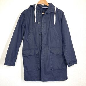 J Crew Navy Hooded Jacket Coat Cotton XXS Button Up And Zip Closure